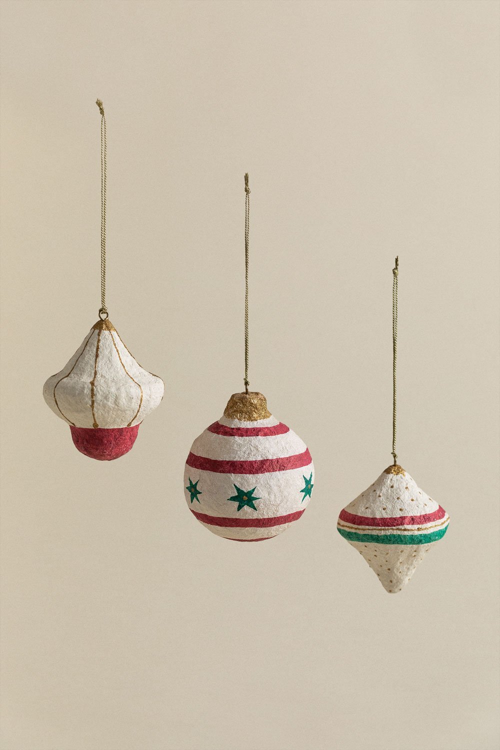 Set of 3 Handmade Christmas Decorations in Paper Mache Bemot, gallery image 1