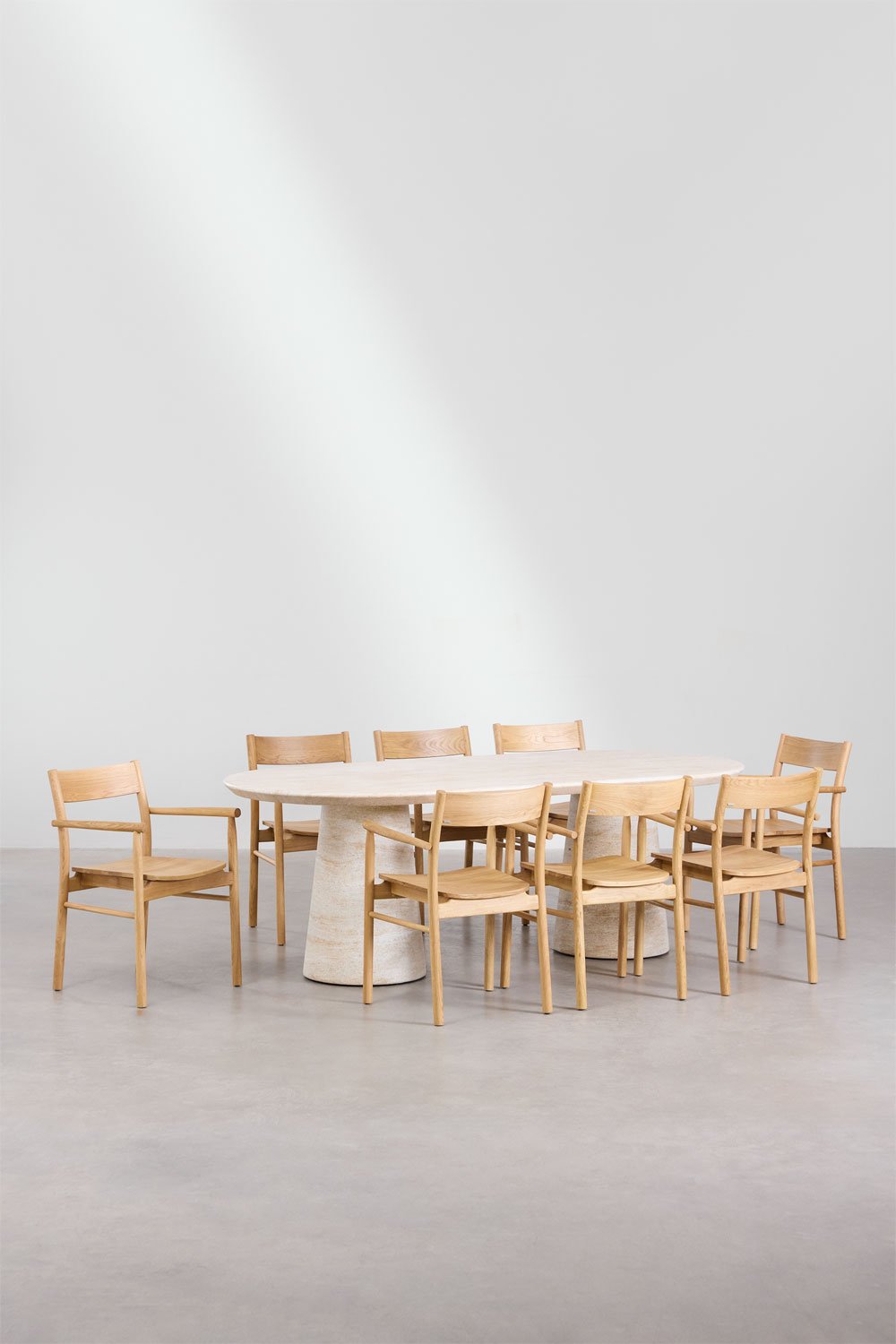 Set of oval table in travertine look cement (220x95 cm) Noemi and 8 dining chairs in oak wood Mara Signature, gallery image 2