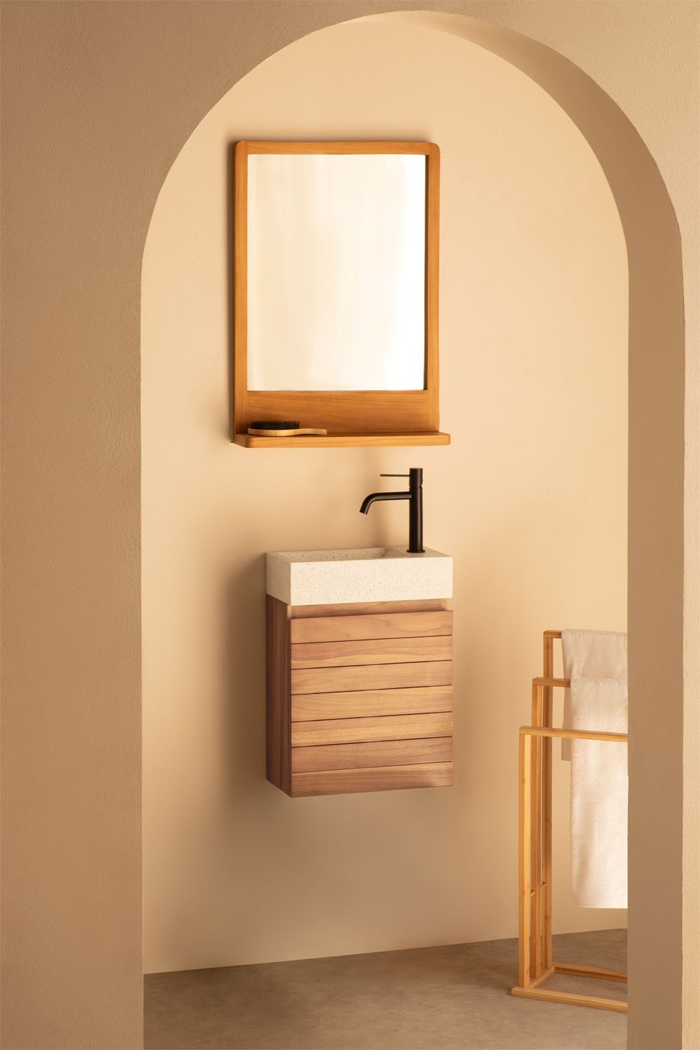 Bathroom furniture set in teak wood with integrated Napier cement washbasin, gallery image 1