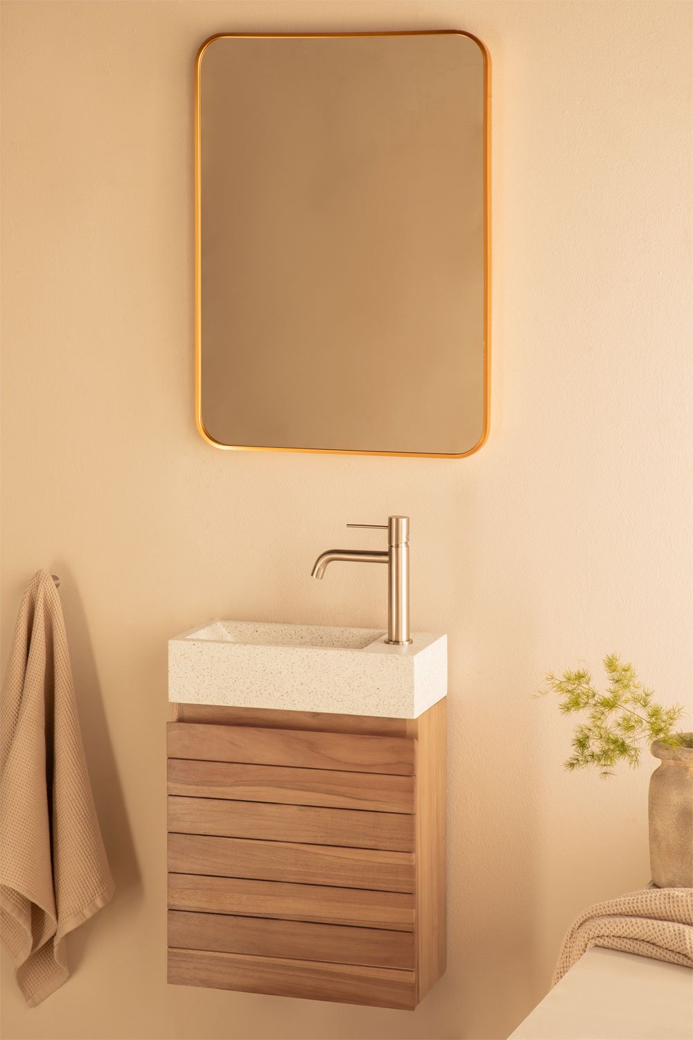 Bathroom furniture set in teak wood with integrated Napier cement washbasin, gallery image 1