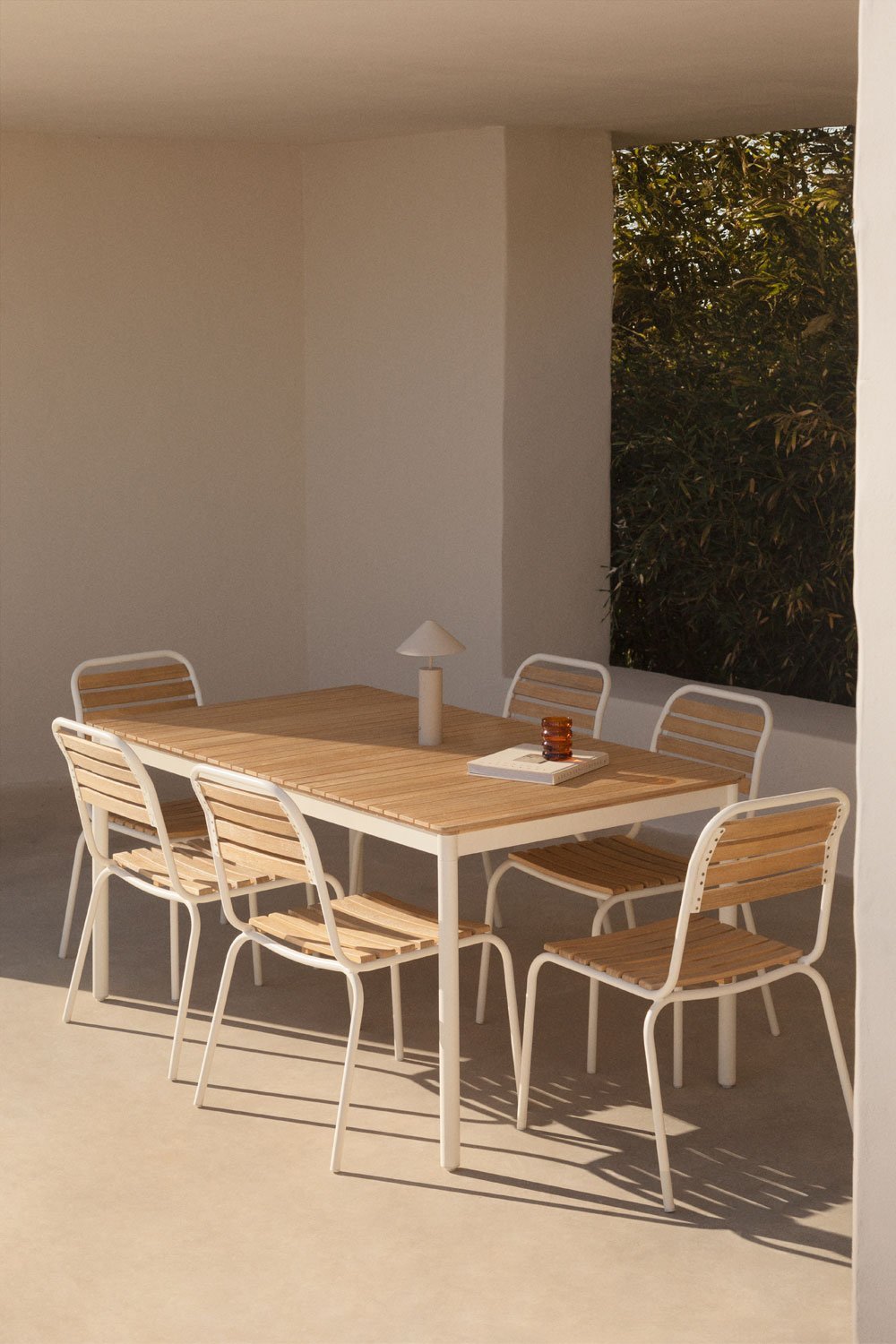 Rectangular Table Set 160x90 cm and 6 Stackable Garden Chairs in Steel and Acacia Wood Artus, gallery image 1