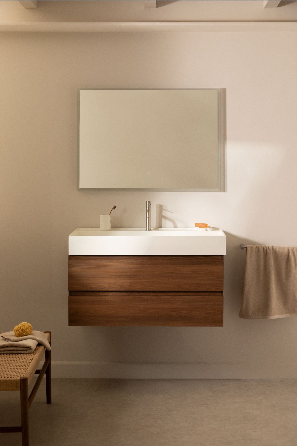 Bathroom furniture set in wood and ash veneer with integrated Ona washbasin, gallery image 1