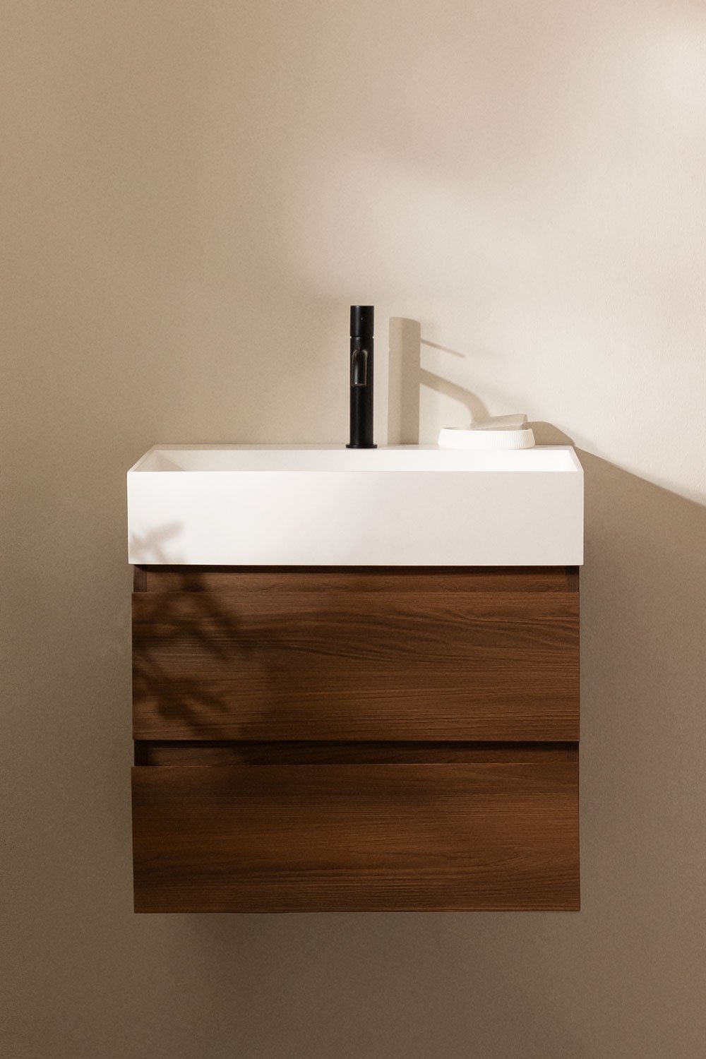 Bathroom furniture set in wood and ash veneer with integrated Ona washbasin, gallery image 1