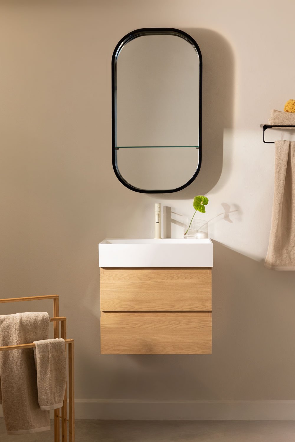 Bathroom furniture set in wood and ash veneer with integrated Ona washbasin, gallery image 1