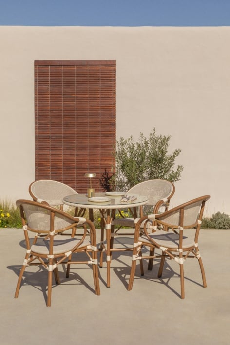 Brielle Bistro round table set Ø80 cm and 4 stackable garden chairs with armrests in textilene and aluminium