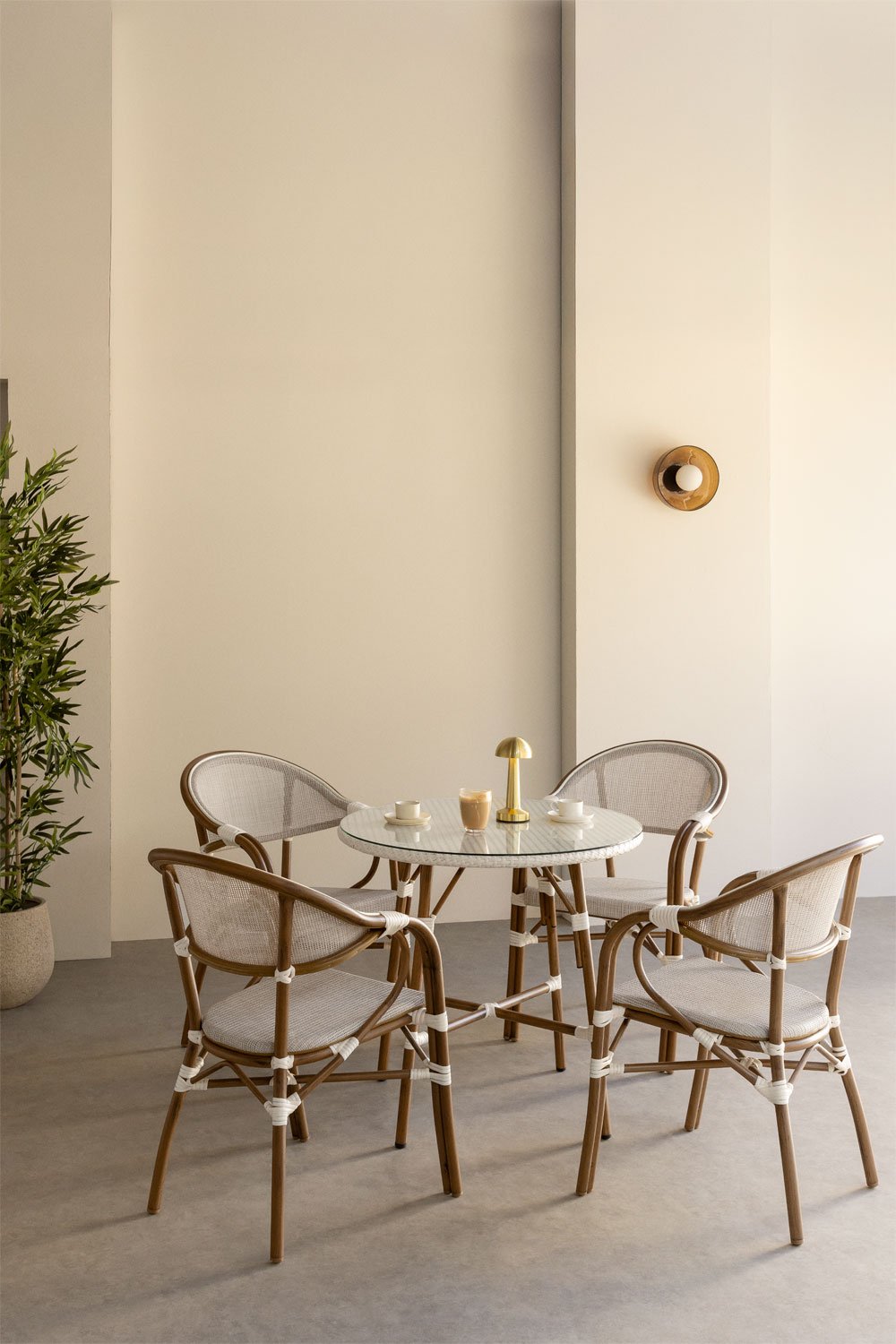 Set of round table Ø80 cm and 4 stackable chairs with armrests in textilene and aluminium Brielle Bistro, gallery image 1