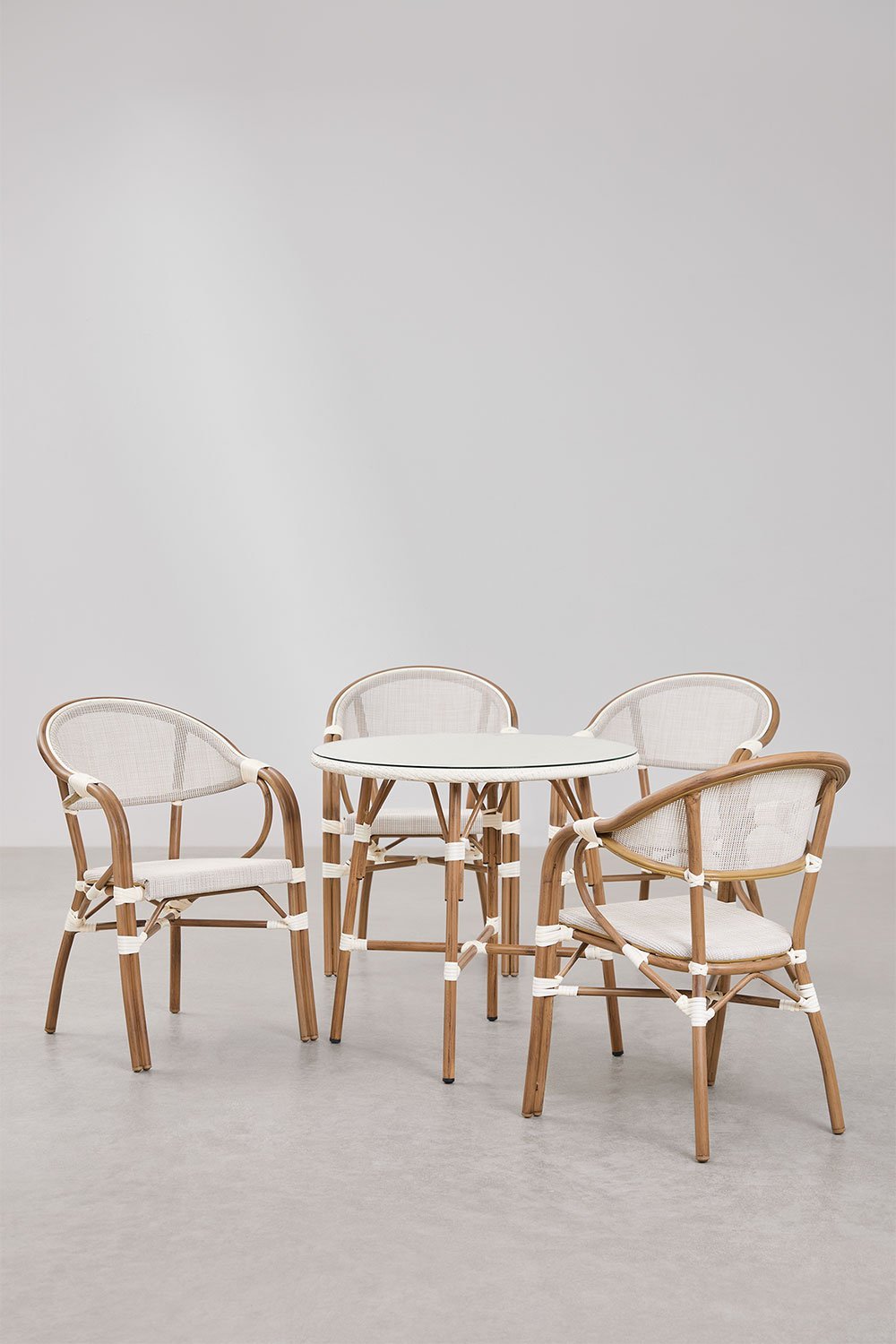 Set of round table Ø80 cm and 4 stackable chairs with armrests in textilene and aluminium Brielle Bistro, gallery image 2