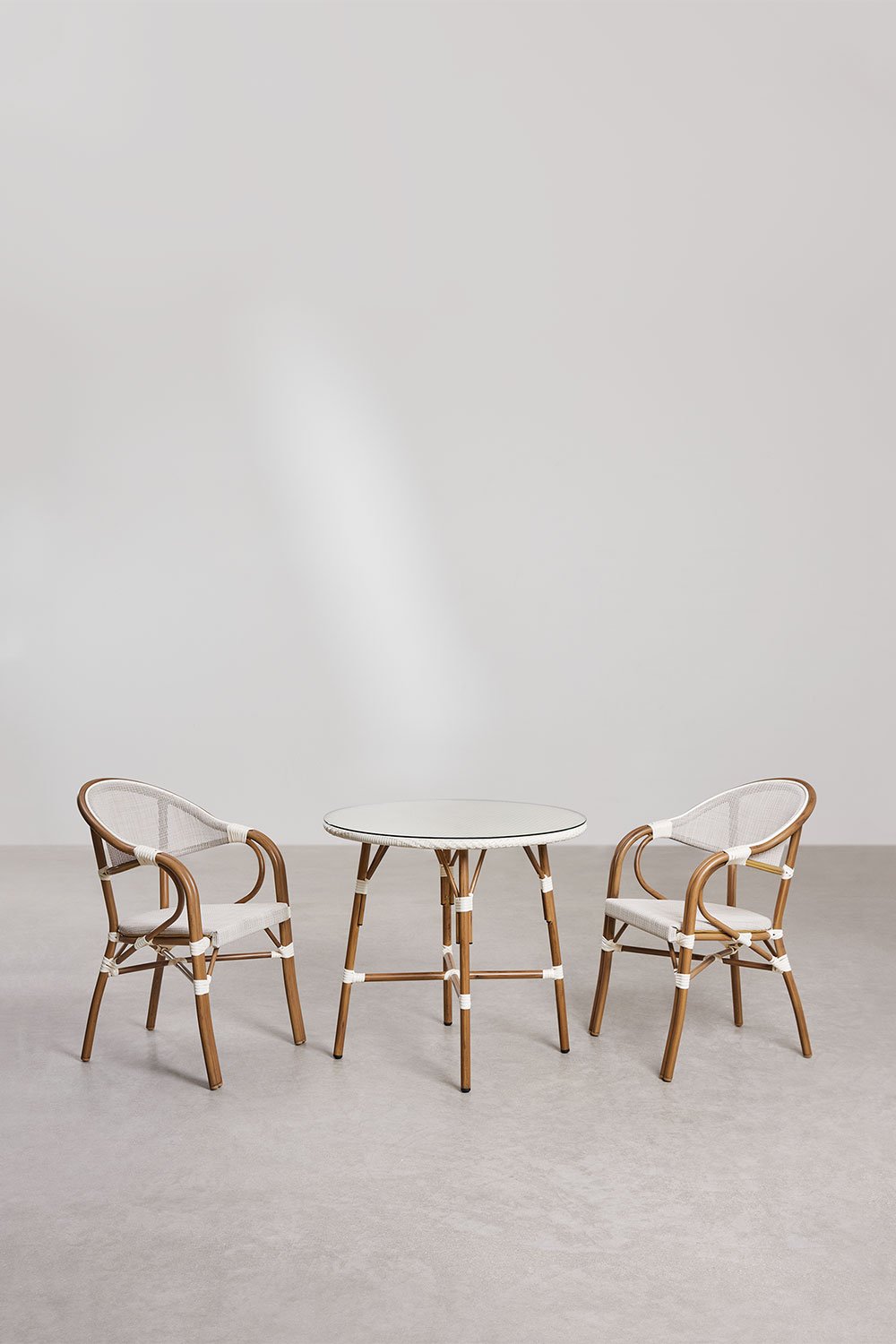 Round table set Ø80 cm and 2 stackable chairs with armrests in textilene and aluminum Brielle Bistro, gallery image 2