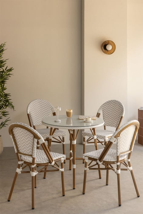 Round table set Ø80 cm and 4 stackable dining chairs in aluminum and synthetic rattan Brielle Bistro