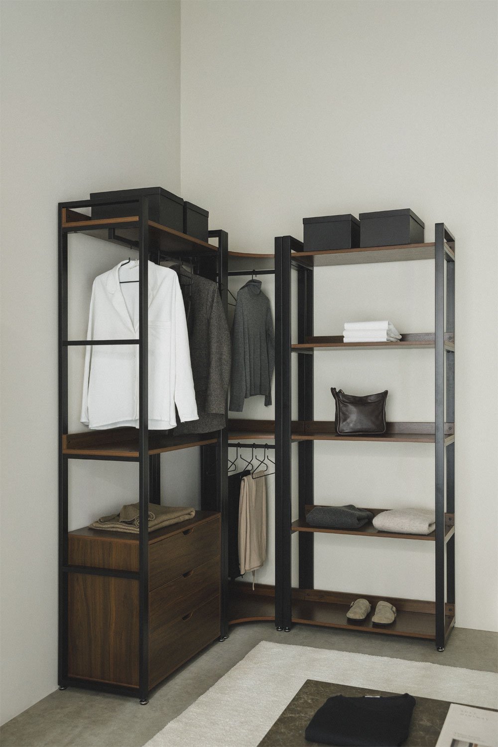 Open Corner Modular Wardrobe with 3 Pieces and Drawers in Steel and Wood Ariaster, gallery image 1