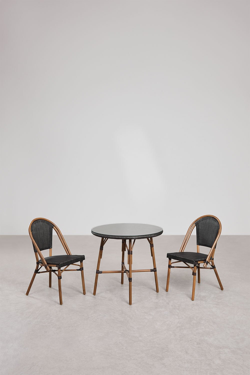 Brielle Bistro round table set Ø80 cm and 2 stackable chairs in textilene and aluminium Brielle Bistro Classic, gallery image 1