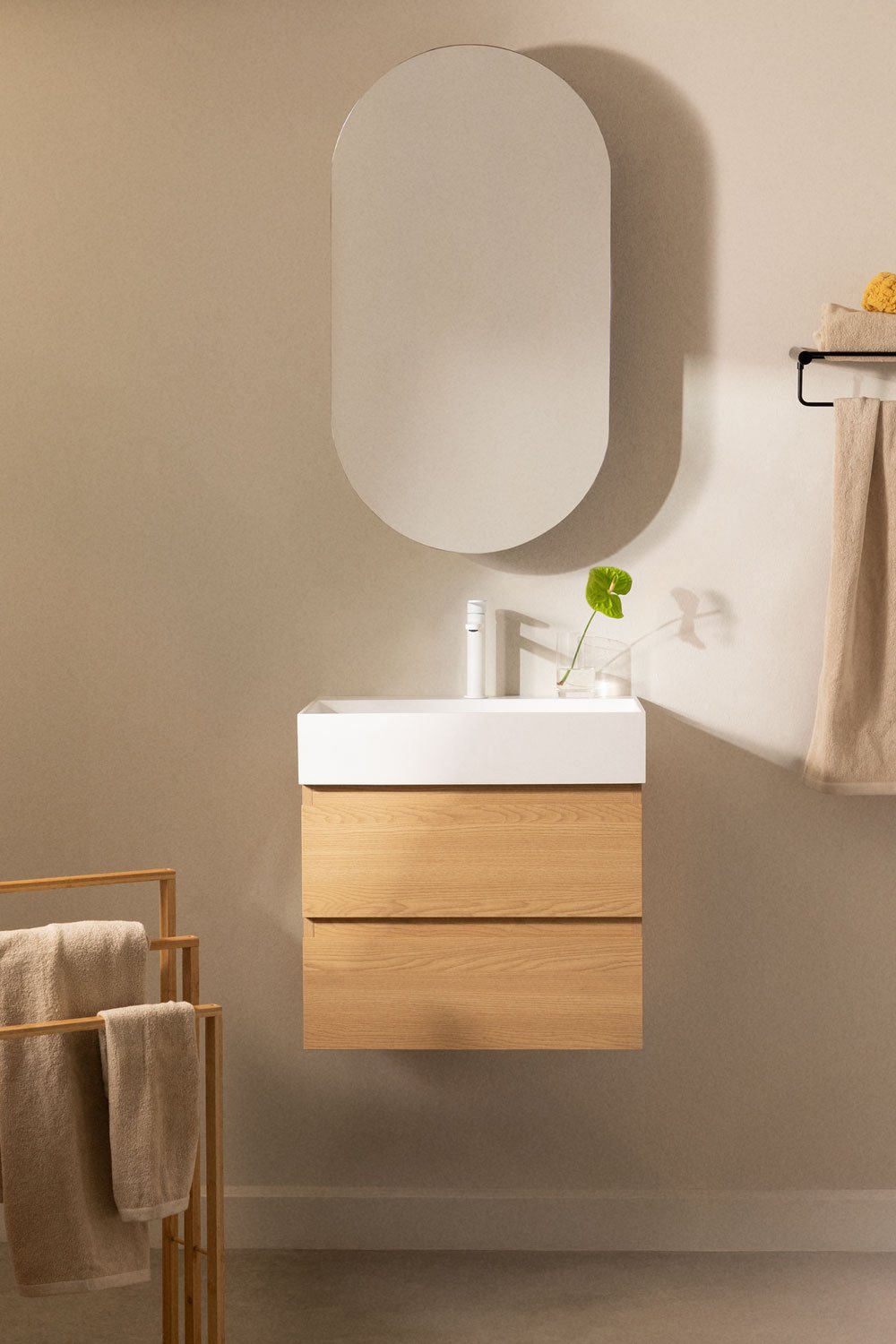 Bathroom furniture set in wood and ash veneer with integrated Ona washbasin, gallery image 1