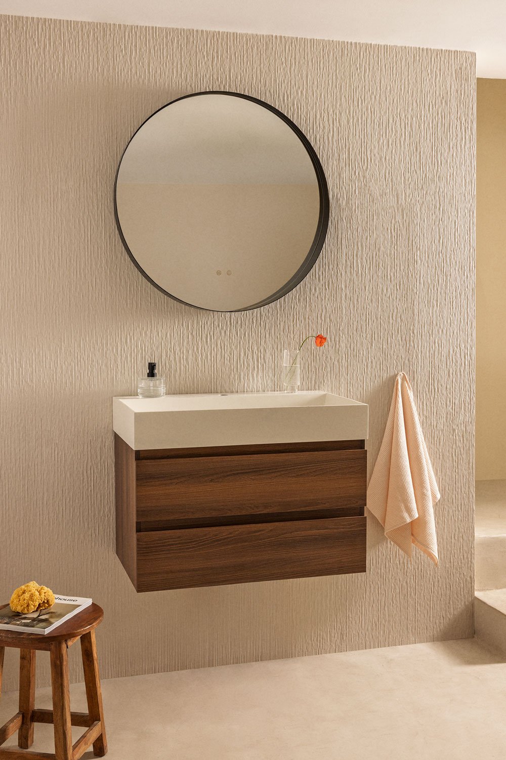 Bathroom furniture set in wood and ash veneer with integrated Ona washbasin, gallery image 1