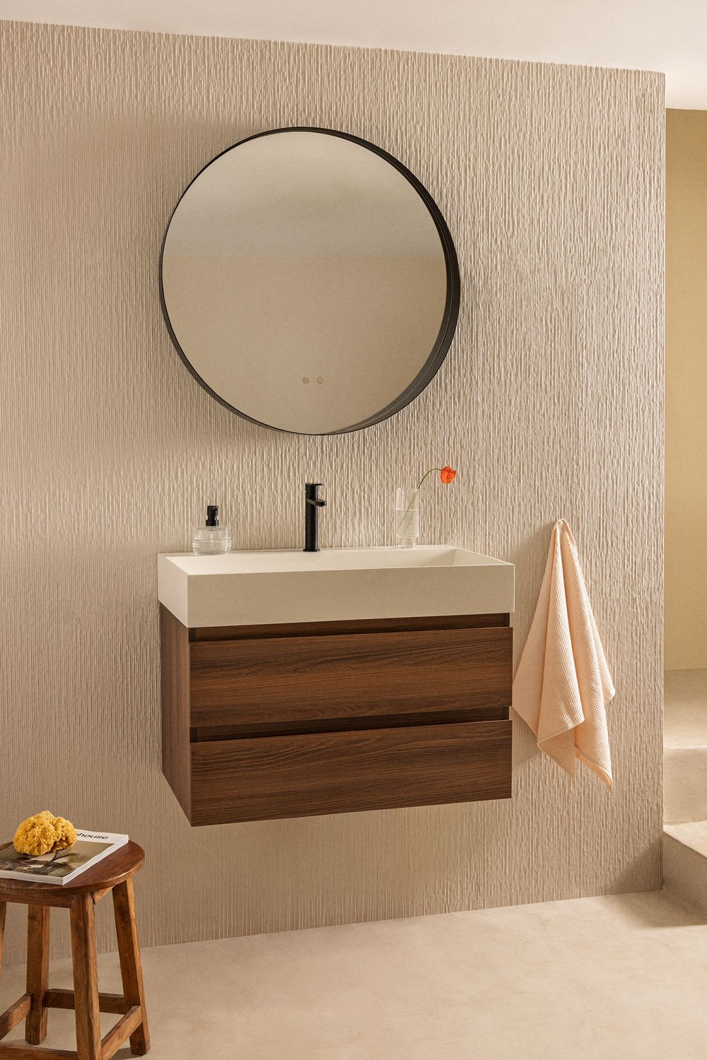 Bathroom furniture set in wood and ash veneer with integrated Ona washbasin, gallery image 1