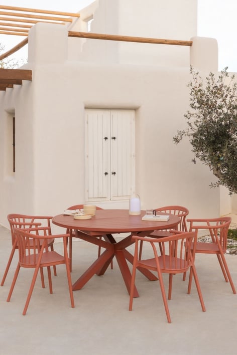 Set of 145-200x145 cm round extendable table in Barces aluminium and 6 stackable garden chairs with Ivor armrests