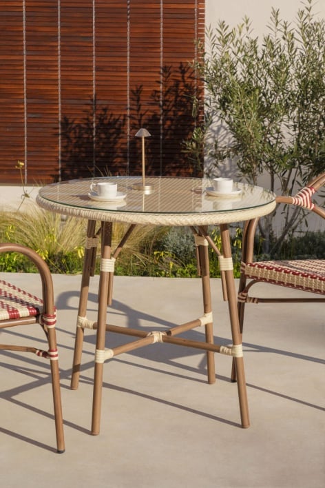 Round garden table Ø80 cm in aluminum and synthetic rattan Brielle Bistro