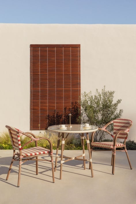 Brielle Bistro round table set Ø80 cm and 2 garden chairs with armrests in synthetic rattan and aluminium Solange Bistro