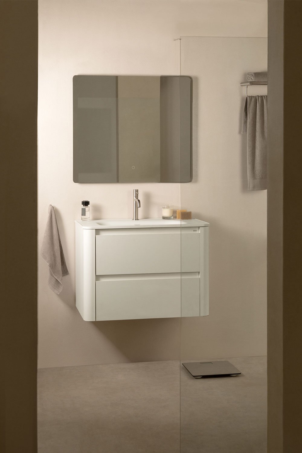 Egerton wooden bathroom furniture set with integrated sink and mirror, gallery image 1
