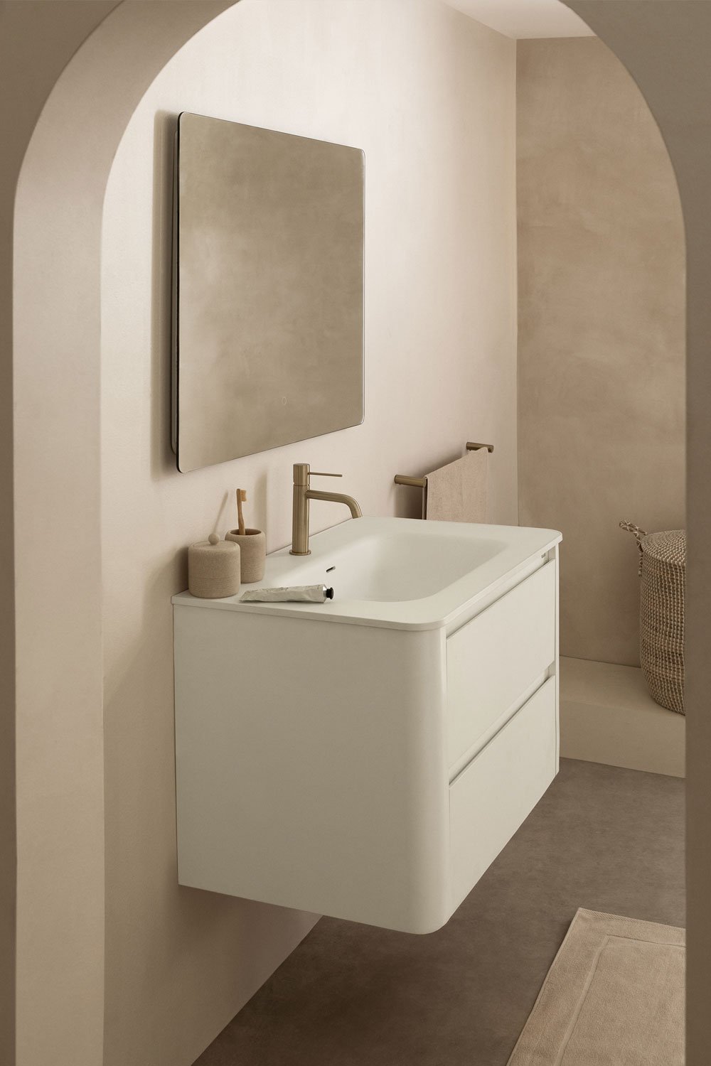 Egerton wooden bathroom furniture set with integrated sink and mirror, gallery image 1