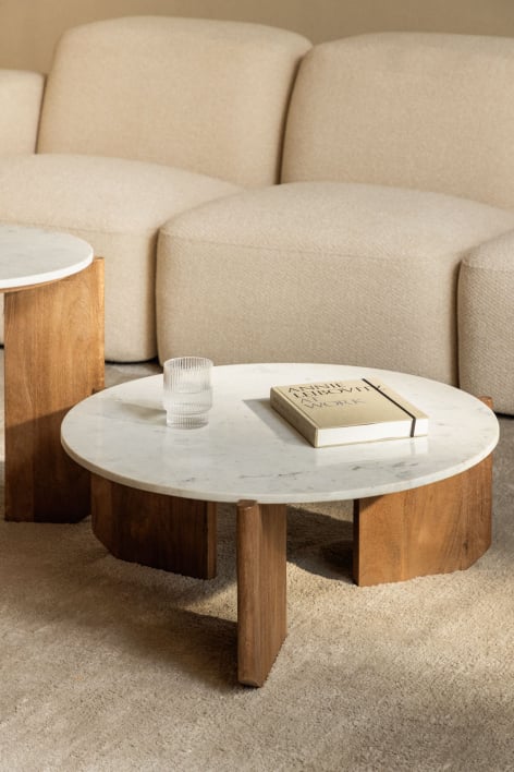 Lavinia round coffee table in natural stone and mango wood - White Marble Banswara