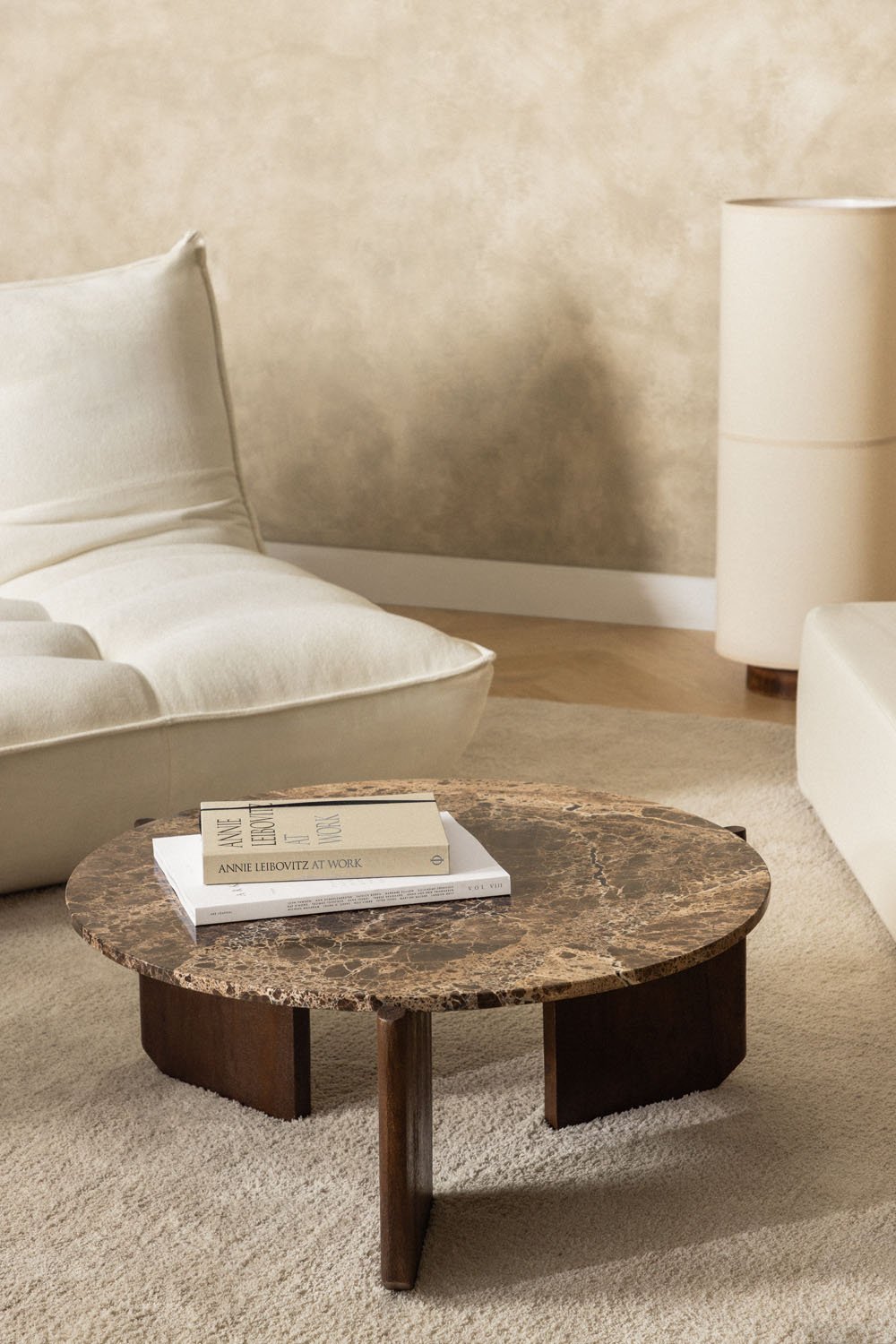 Lavinia round coffee table in natural stone and mango wood, gallery image 1