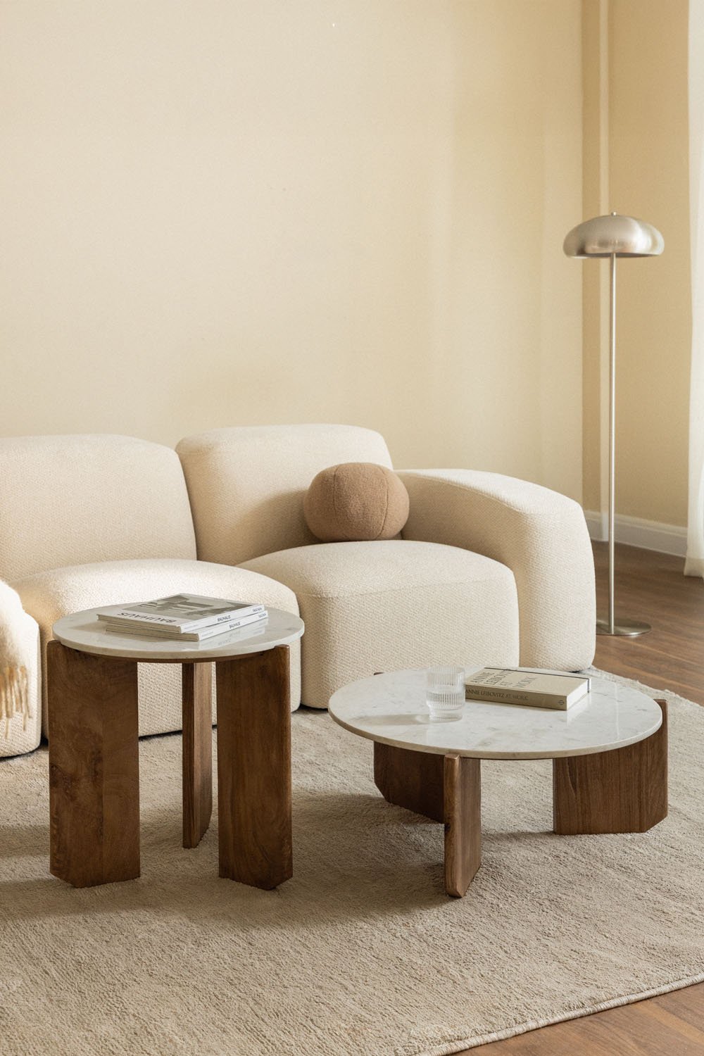 Set of 2 round coffee tables in natural stone and mango wood Lavinia, gallery image 1