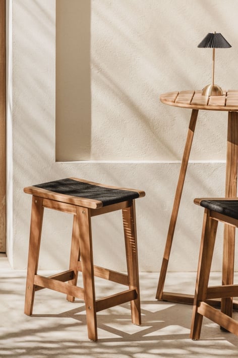 Garden high stool 65 cm in acacia wood and wheat brown braided rope Tenay