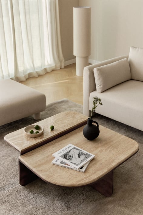 90x90 cm coffee table in natural stone and Clotsh mango wood