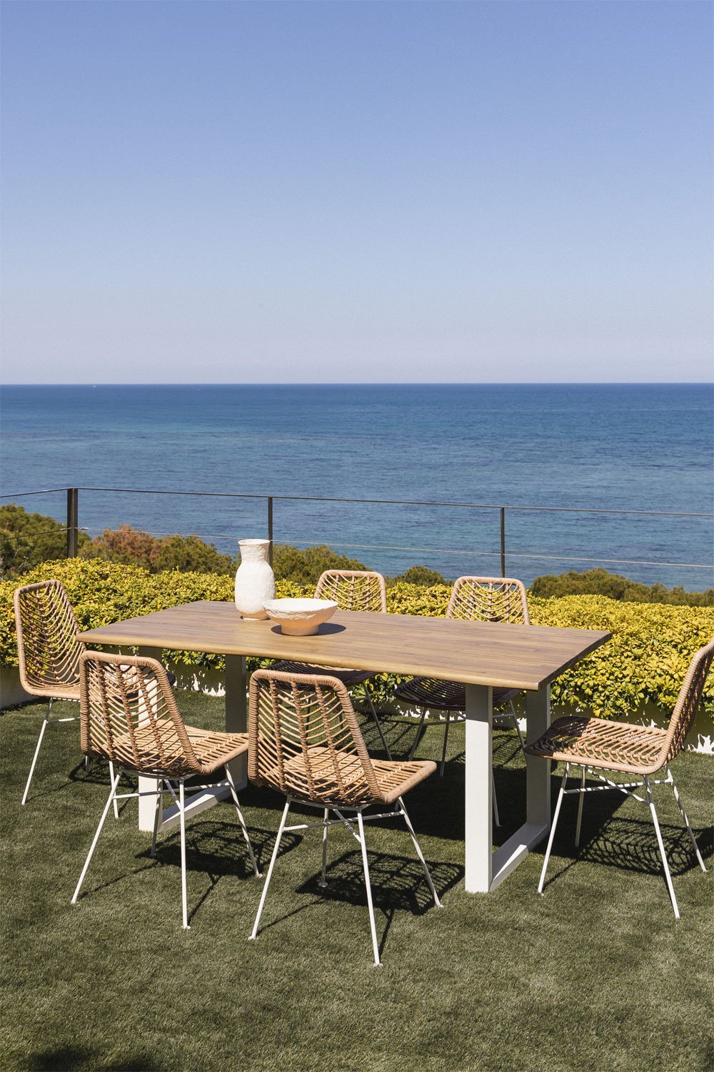 Rectangular table set 180x90 cm in acacia wood and Maupi steel and 6 garden chairs in Gouda Natural synthetic rattan, gallery image 1