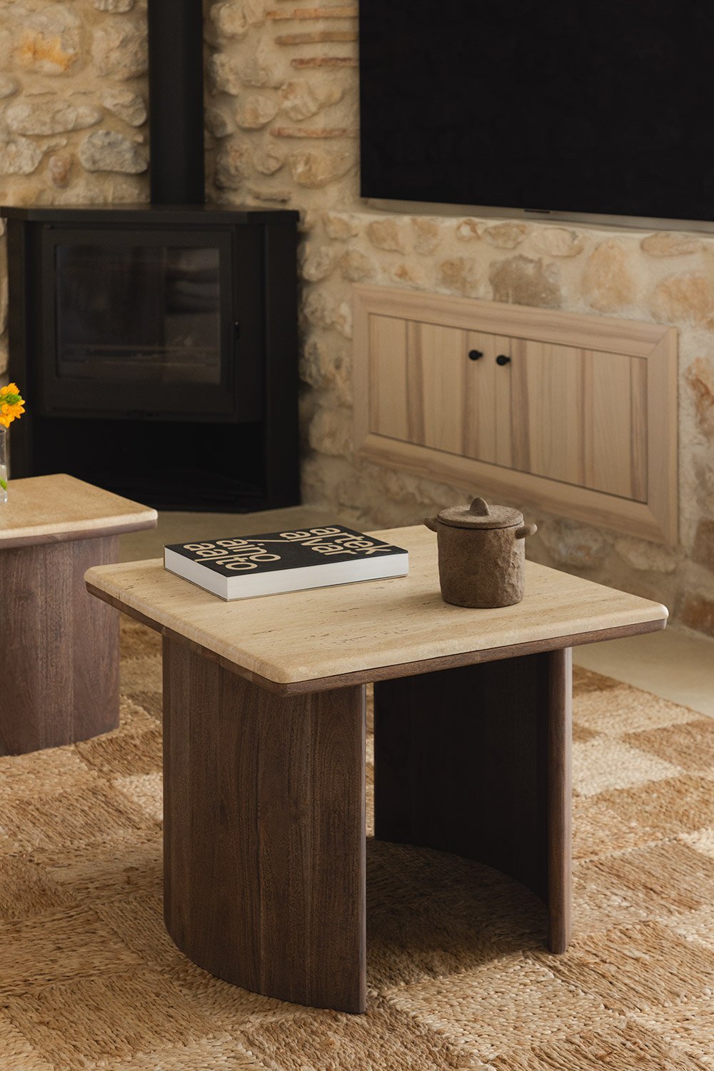 Casilda travertine and acacia wood side table, gallery image 1