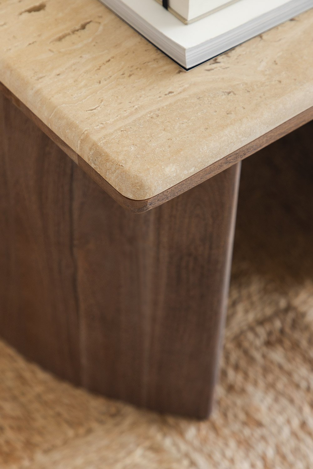Casilda travertine and acacia wood side table, gallery image 2