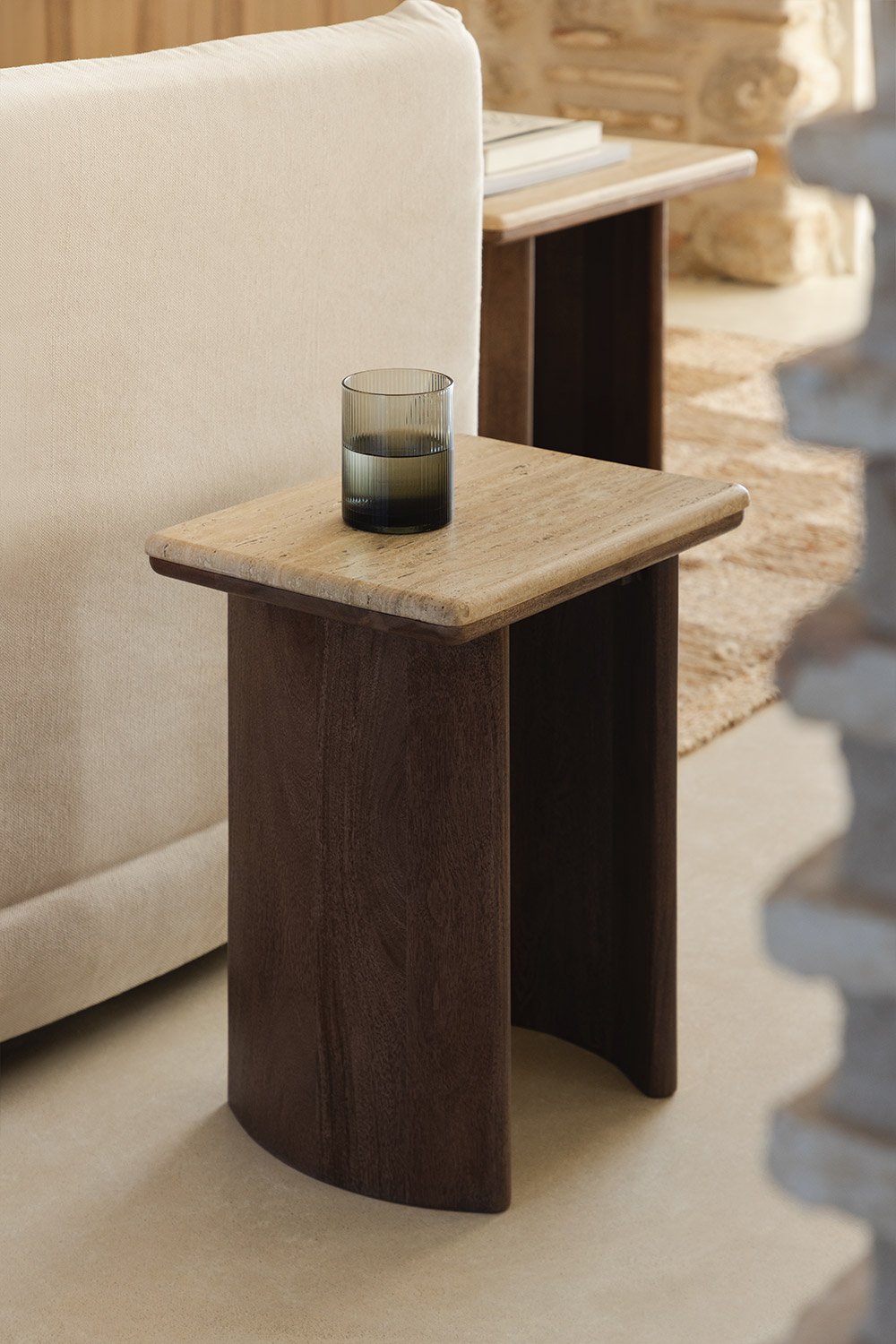 Casilda travertine and acacia wood side table, gallery image 1