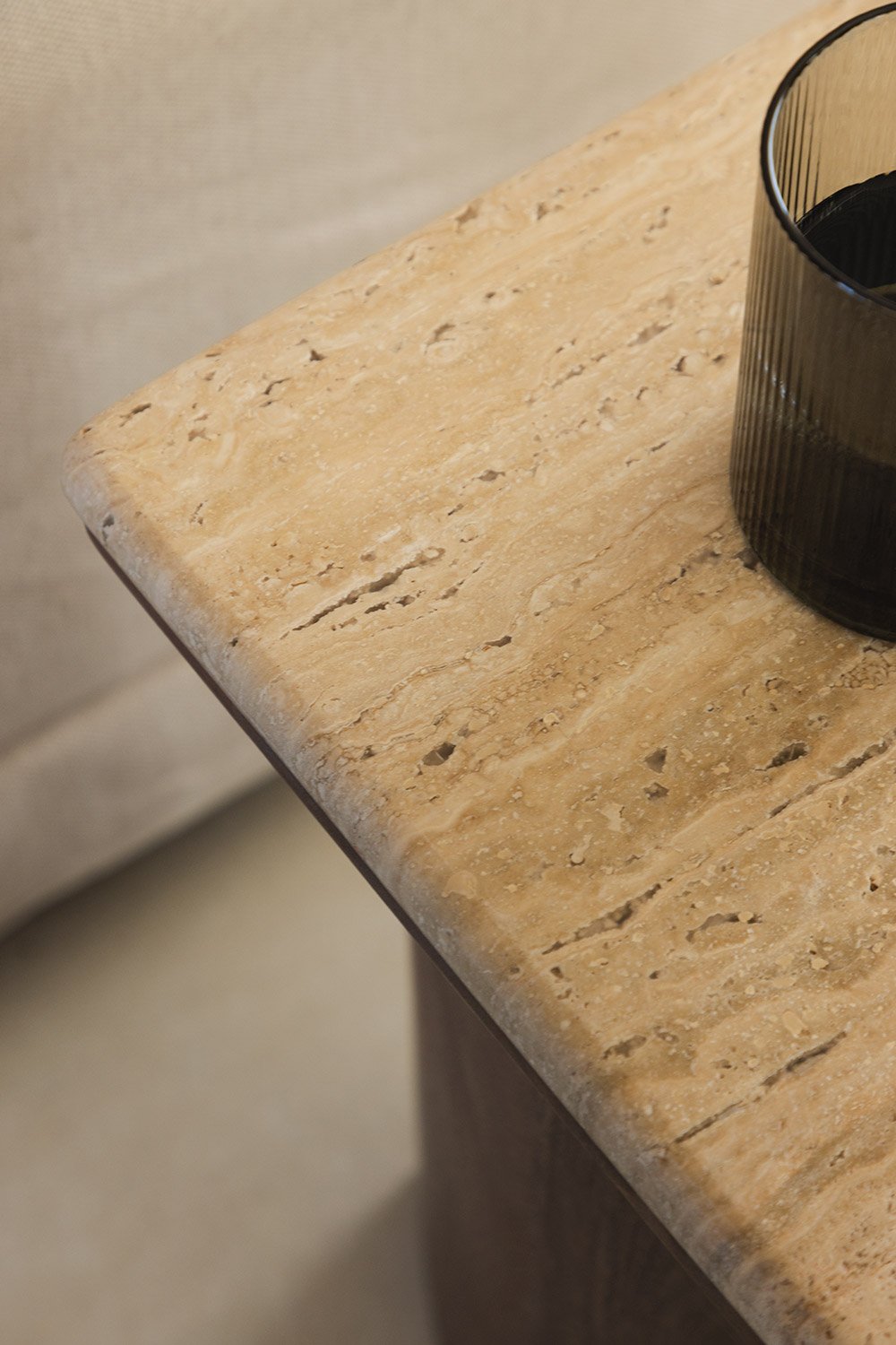 Casilda travertine and acacia wood side table, gallery image 2