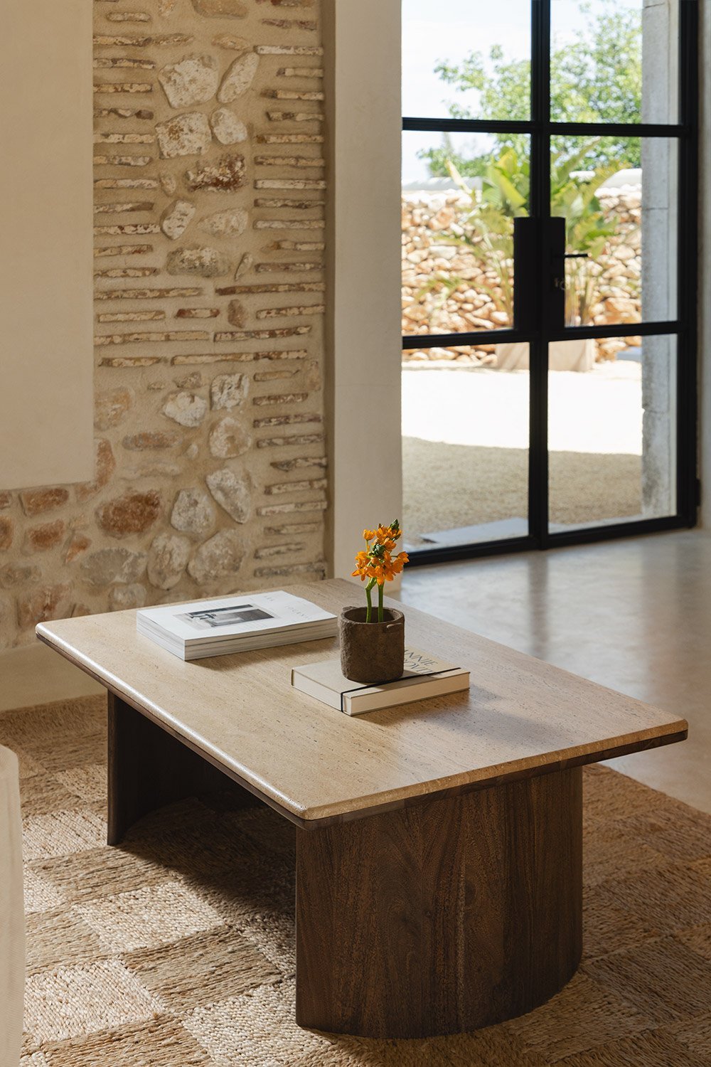 Rectangular coffee table 110x70 cm in travertine and acacia wood Casilda, gallery image 1
