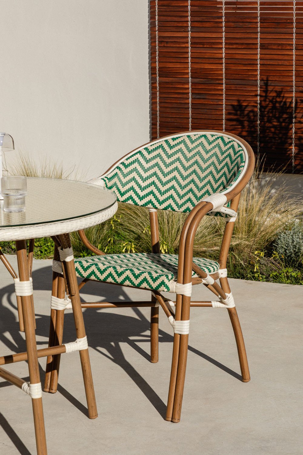 Pack of 2 Brielle Bistro aluminium stackable garden chairs with armrests, gallery image 1