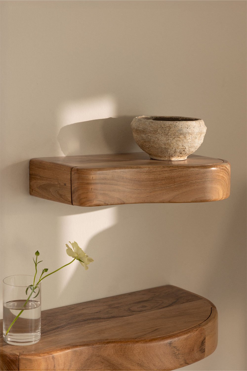 Nireimi acacia wood wall shelf with storage, gallery image 1