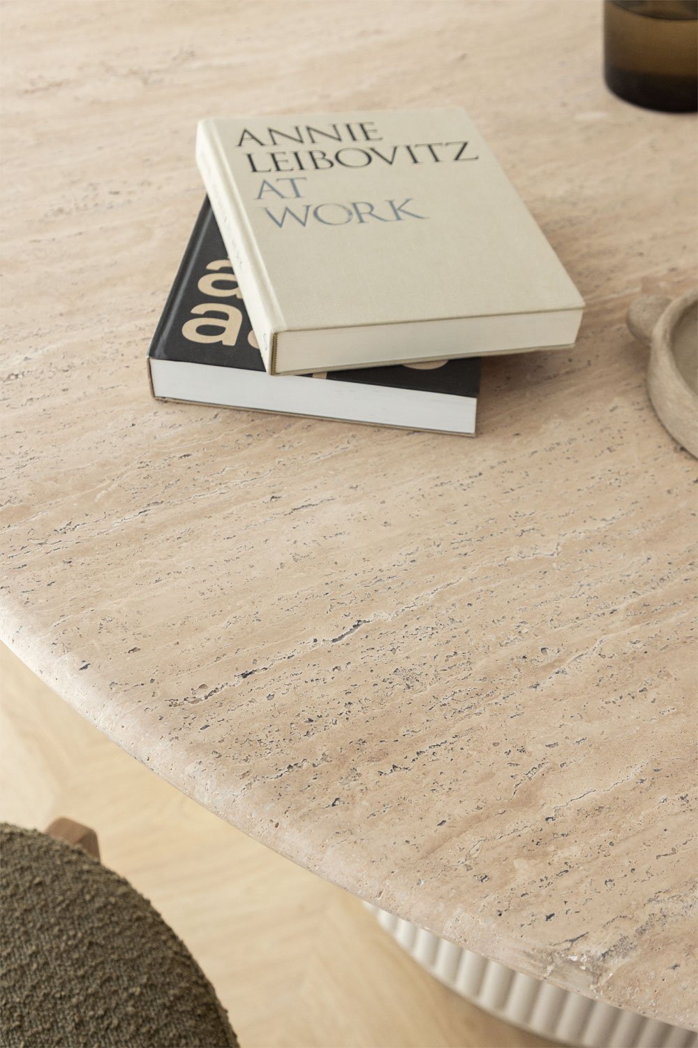 Giselda round dining table in natural stone and mango wood, gallery image 2