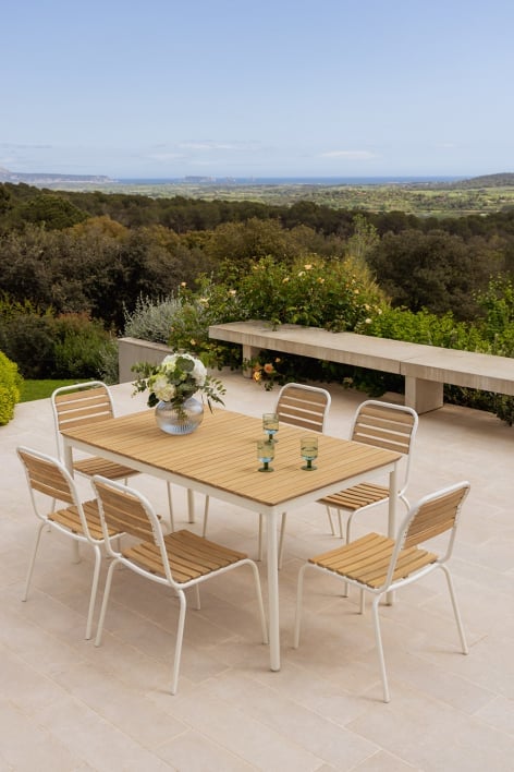 Rectangular Table Set 160x90 cm and 6 Stackable Garden Chairs in Steel and Acacia Wood Artus