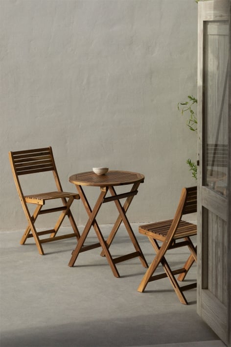 Set of Round Table (Ø60 cm) and 2 Folding Garden Chairs in Acacia Wood Delawer