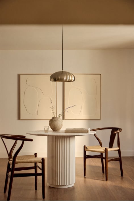 Giselda round dining table in natural stone and mango wood - Travertine