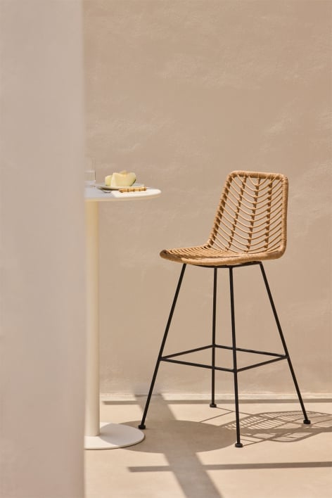Garden high stool 75 cm in natural finish synthetic rattan and black legs Gouda natural