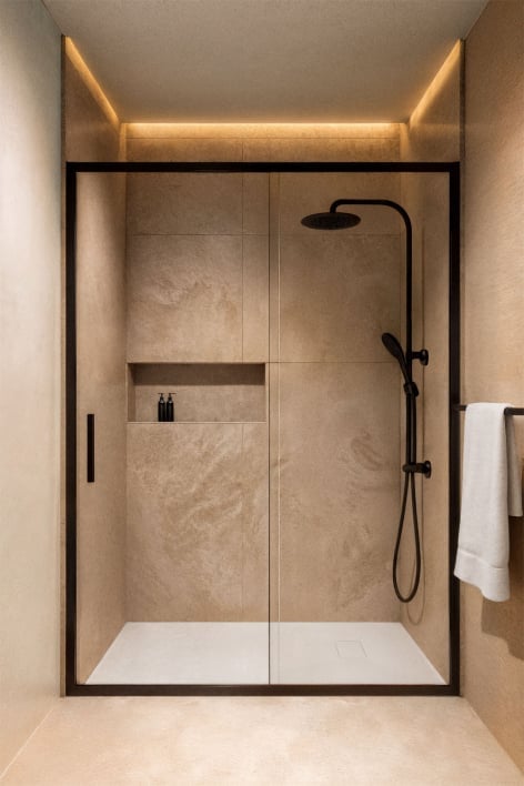 Front access shower screen 120x195 cm with sliding door, 6 mm clear tempered glass and matt black Dover aluminium