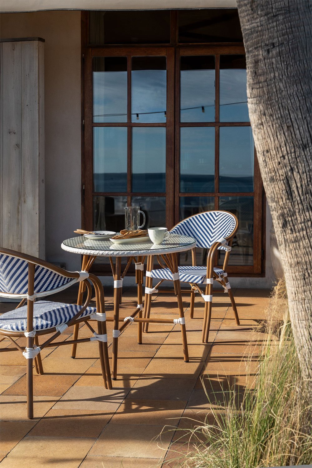 Brielle Bistro set of 80 cm round table and 2 stackable aluminum garden chairs with armrests, gallery image 1