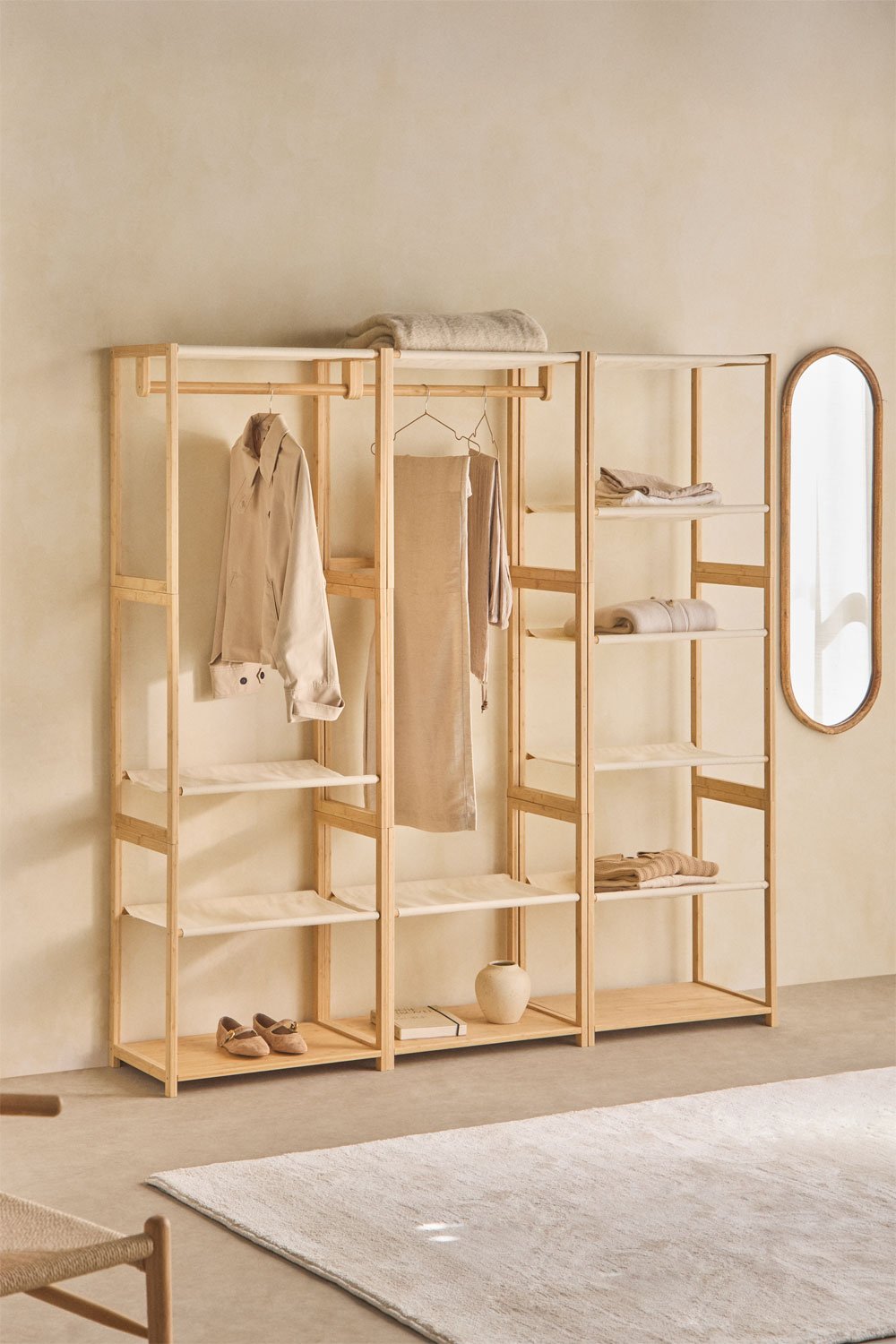 Deneb 3-piece open modular wardrobe with bamboo shelving, gallery image 1