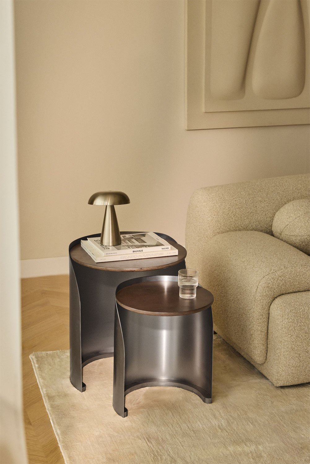 Xireisa round nesting side tables in mango wood and stainless steel, gallery image 1