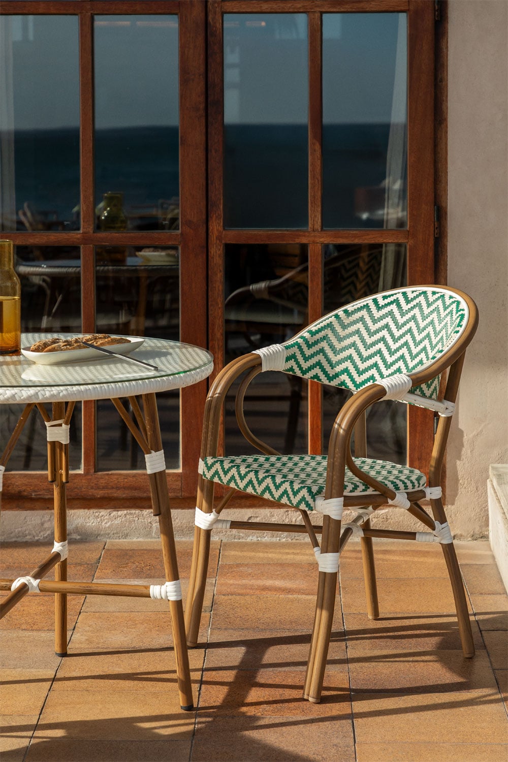 Pack of 4 Brielle Bistro aluminum stackable garden chairs with armrests, gallery image 1