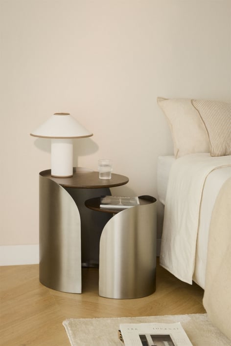 Round nesting nightstands in mango wood and stainless steel by Xireisa