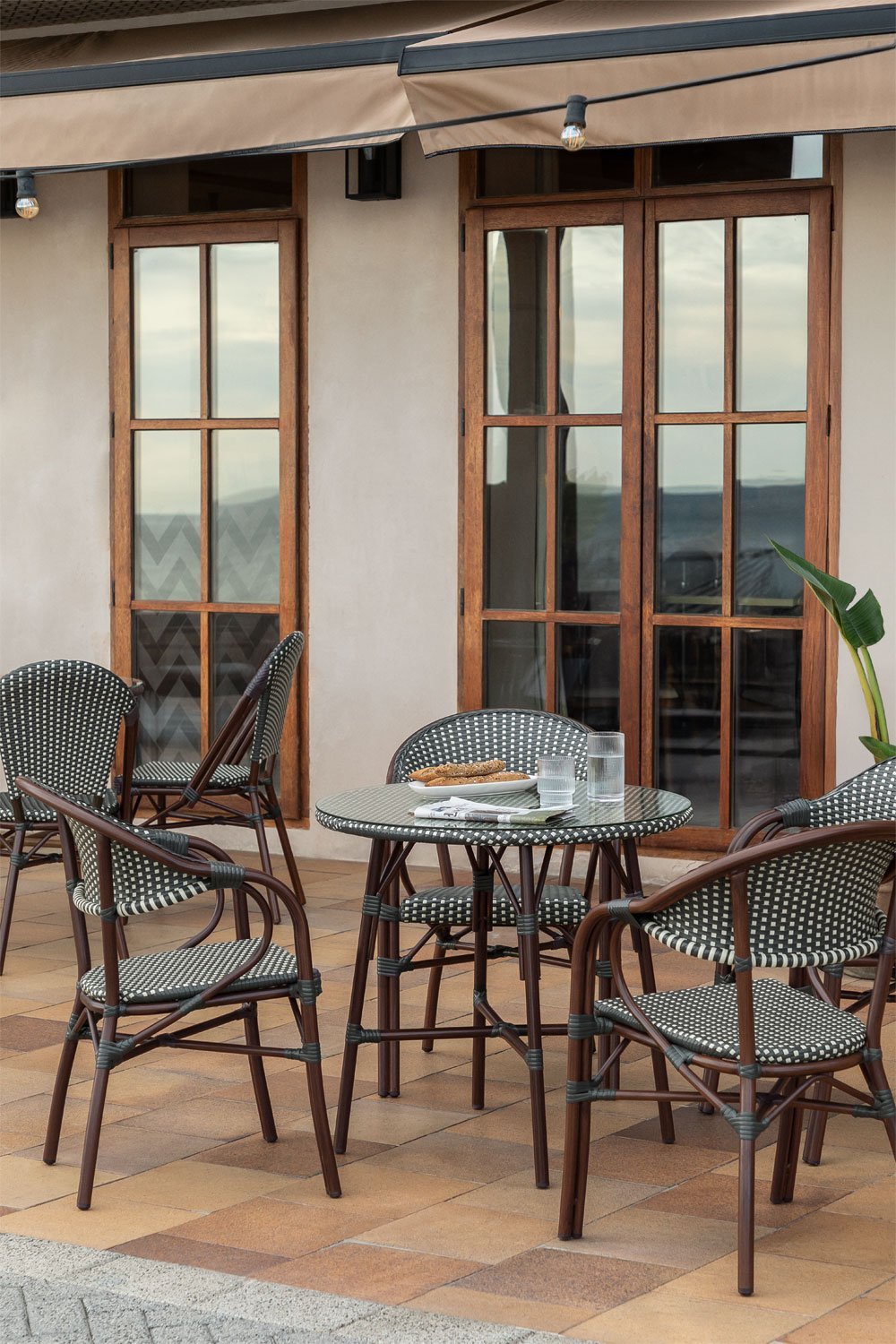 Brielle Bistro set of 80 cm round table and 4 stackable aluminum garden chairs with armrests, gallery image 1