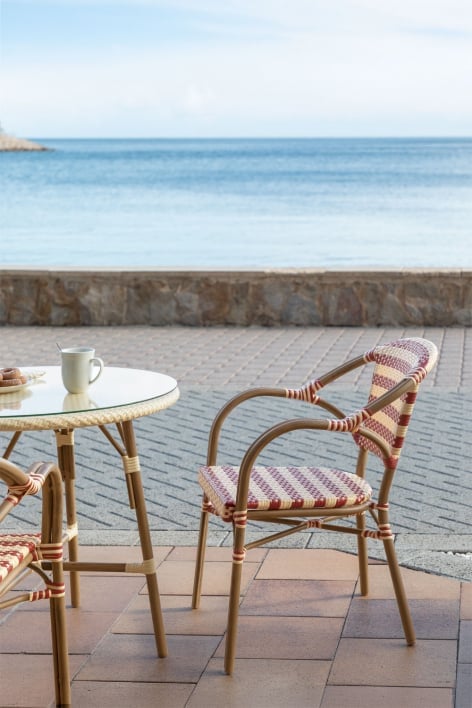 Stackable garden chair with armrests in synthetic rattan and aluminum Solange Bistro