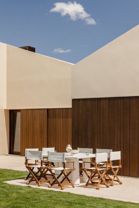 Set of 150x150 cm square table in Lisbon cement and 8 Ridley wooden folding garden director chairs
